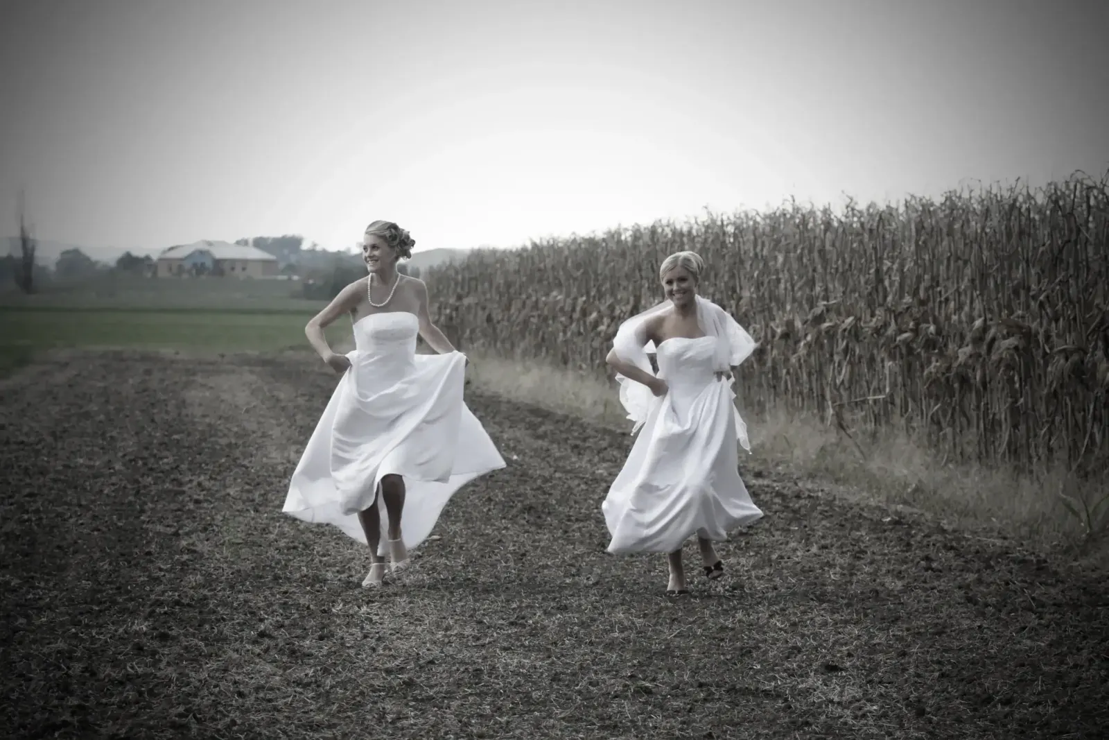 Two brides running in the field on their wedding day, hair and makeup by Bellus
