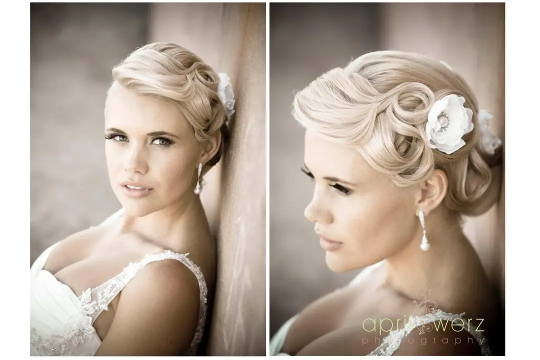 The finished wedding hair and makeup by Amanda Frost of Bellus for a real bride