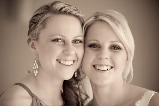 Wedding makeup, long-wear airbrush finish for the bride and her bridesmaid